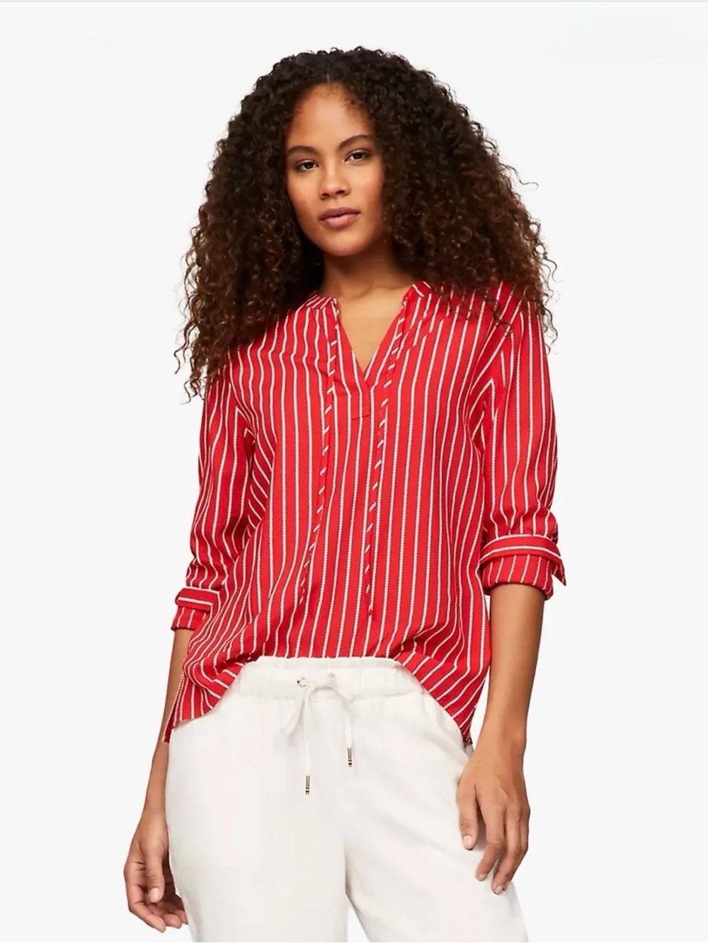 Tommy Hilfiger Red White Vertical Rope Stripe V-Neck Long-Sleeve Blouse M New